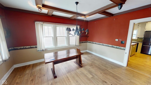 dining area with plenty of natural light, beam ceiling, coffered ceiling, and light wood-style flooring