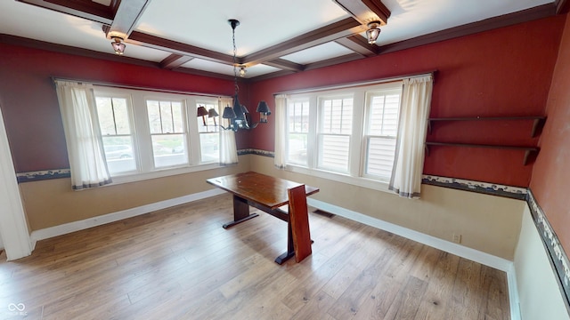 unfurnished dining area featuring baseboards, coffered ceiling, wood finished floors, and beamed ceiling