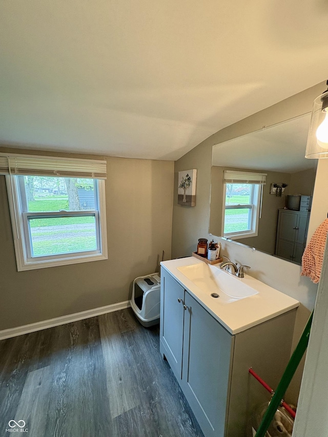 clothes washing area featuring baseboards, a sink, and dark wood-style flooring