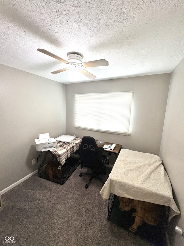 carpeted office space featuring ceiling fan and a textured ceiling
