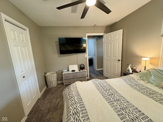 bedroom with baseboards, a ceiling fan, and dark carpet
