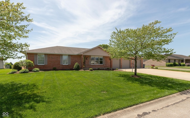 ranch-style home with concrete driveway, brick siding, a garage, and a front lawn