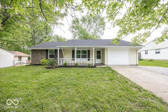 ranch-style home featuring driveway, a porch, a garage, and brick siding