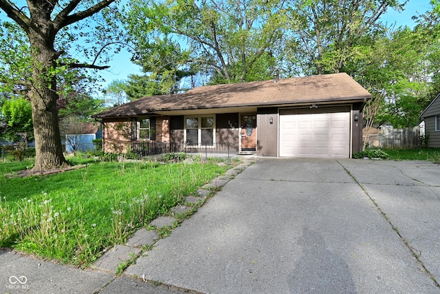 ranch-style house with concrete driveway, an attached garage, fence, and covered porch