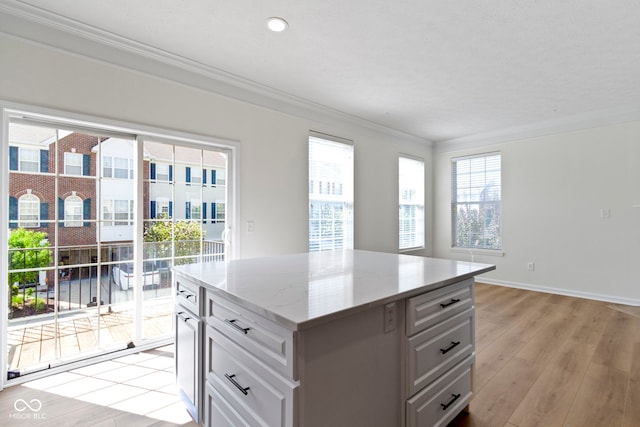 kitchen with crown molding, light wood-style floors, and plenty of natural light