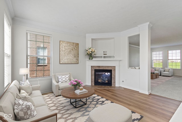 living room featuring crown molding, baseboards, wood finished floors, and a tile fireplace