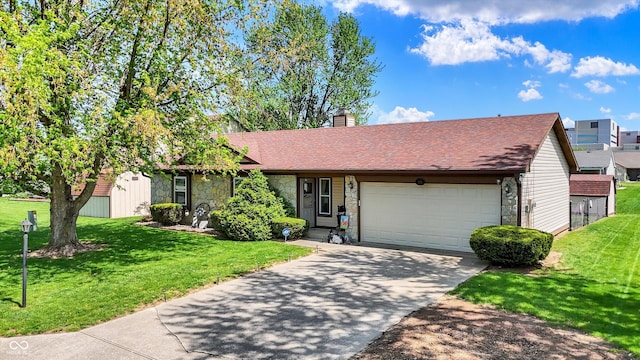ranch-style house with a front yard, stone siding, a chimney, an attached garage, and driveway
