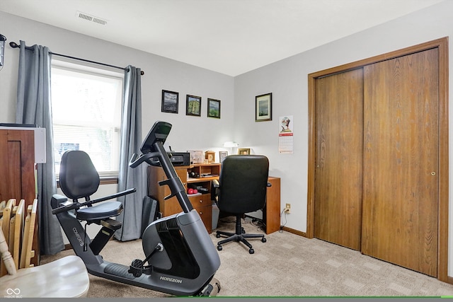 home office with light colored carpet, baseboards, and visible vents