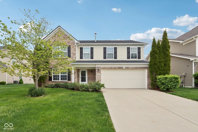 traditional-style home with concrete driveway, brick siding, an attached garage, and a front yard