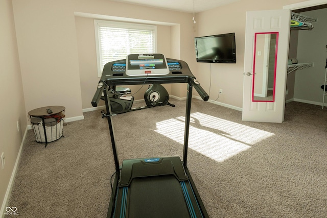workout area with carpet flooring and baseboards