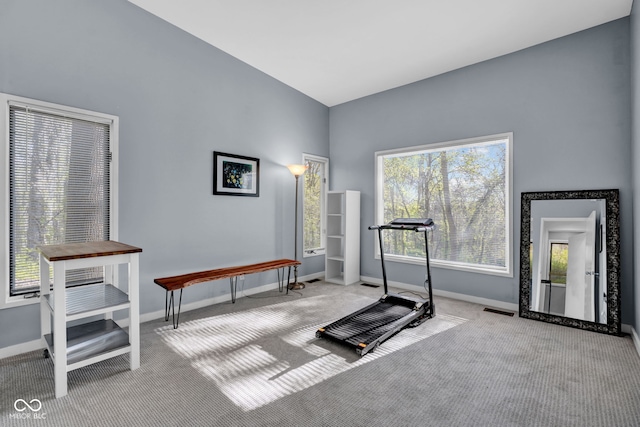 workout area featuring visible vents, carpet flooring, and baseboards