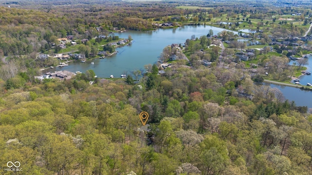 bird's eye view with a forest view and a water view
