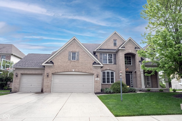 traditional-style house with driveway, roof with shingles, a garage, brick siding, and a front lawn