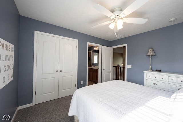 bedroom featuring a ceiling fan, visible vents, baseboards, a closet, and carpet flooring