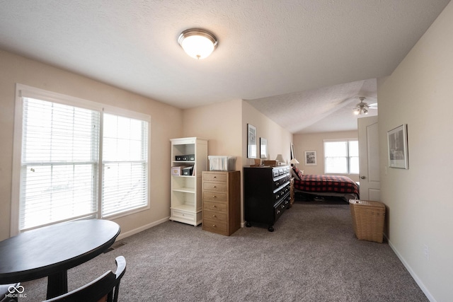 bedroom with a textured ceiling, baseboards, and carpet