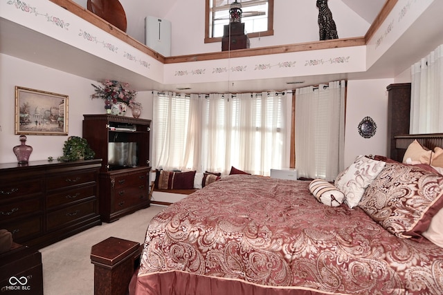 114 E 27th St, Indianapolis, IN 46205 - bedroom featuring light carpet and high vaulted ceiling