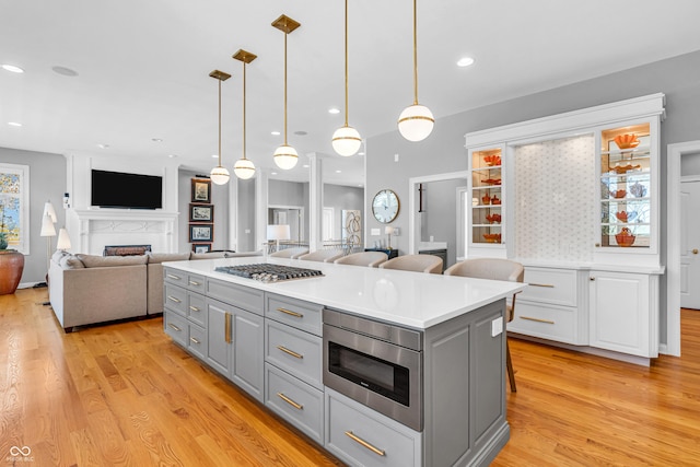 kitchen with a fireplace, light wood-style floors, stainless steel appliances, open floor plan, and gray cabinetry