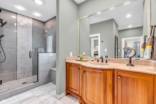 full bathroom with recessed lighting, tile patterned floors, a shower stall, and vanity