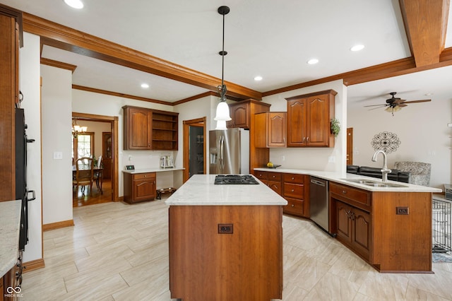 kitchen featuring open shelves, a sink, a center island, stainless steel appliances, and a peninsula