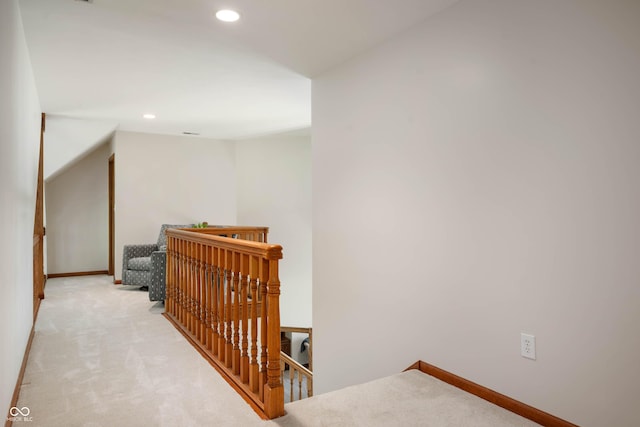 stairway with carpet flooring, recessed lighting, and baseboards