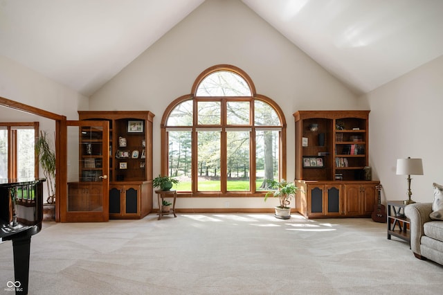 sitting room with light colored carpet and high vaulted ceiling