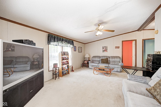 carpeted living room with crown molding, a textured ceiling, ceiling fan, and lofted ceiling