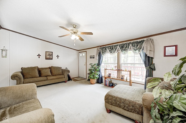 living area featuring crown molding, a ceiling fan, a textured ceiling, and carpet flooring