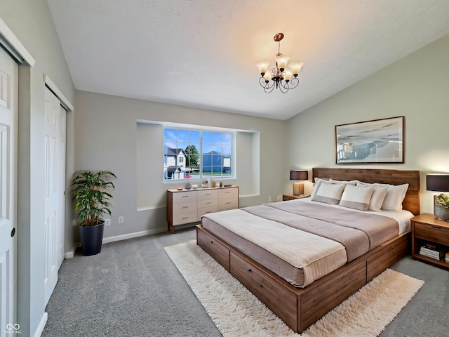6628 Dunsdin Dr, Plainfield, IN 46168 - bedroom featuring an inviting chandelier, baseboards, lofted ceiling, and light carpet