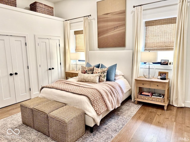 bedroom with two closets and hardwood / wood-style floors