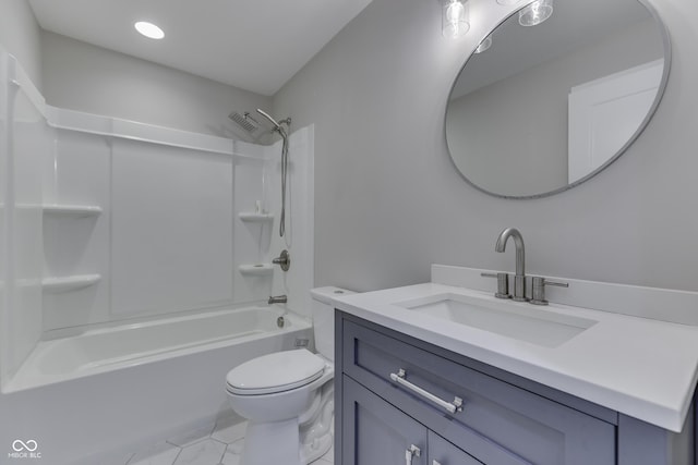full bath featuring toilet, vanity, tile patterned flooring, and  shower combination