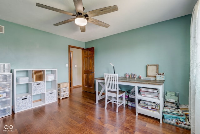 home office featuring a ceiling fan, visible vents, and wood finished floors