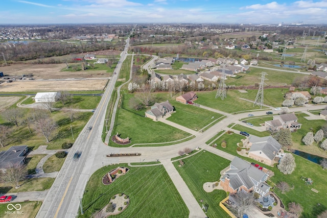 birds eye view of property with a water view and a residential view