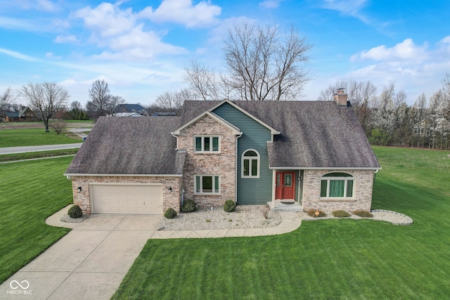 craftsman-style house with a garage, driveway, roof with shingles, and a front lawn