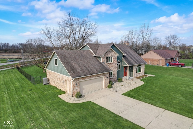 craftsman-style house featuring a shingled roof, an attached garage, stone siding, a front yard, and concrete driveway