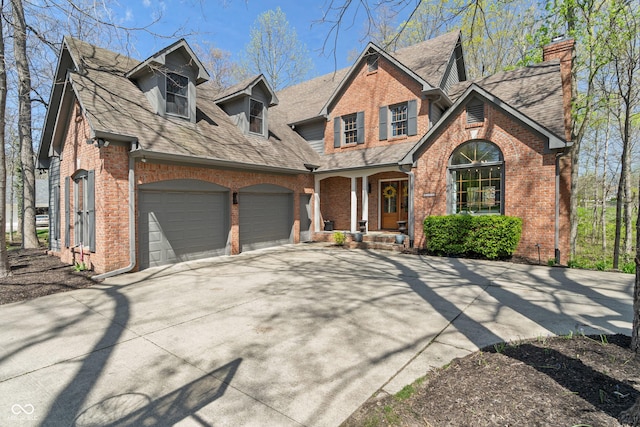 view of front of property featuring covered porch, a chimney, brick siding, concrete driveway, and a shingled roof
