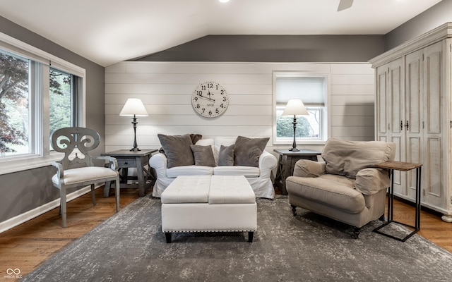 440 E 82nd St, Indianapolis, IN 46240 - living room featuring lofted ceiling, wood finished floors, and a ceiling fan