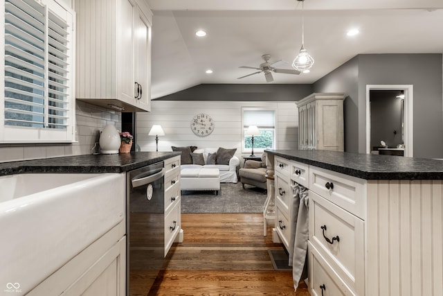 440 E 82nd St, Indianapolis, IN 46240 - kitchen featuring dishwasher, dark countertops, lofted ceiling, dark wood-style floors, and a ceiling fan