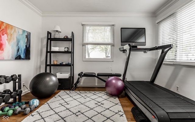 440 E 82nd St, Indianapolis, IN 46240 - exercise area featuring wood finished floors, crown molding, and baseboards