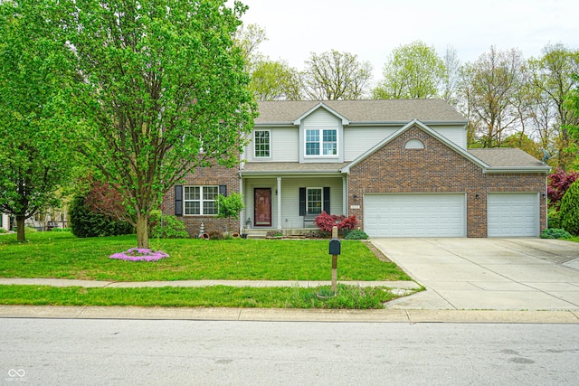 traditional-style home featuring roof with shingles, a front yard, a garage, brick siding, and concrete driveway