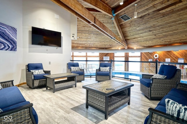 102 Clarendon Dr Unit 506, Noblesville, IN 46062 - living area featuring wood ceiling, wood finished floors, high vaulted ceiling, and beamed ceiling