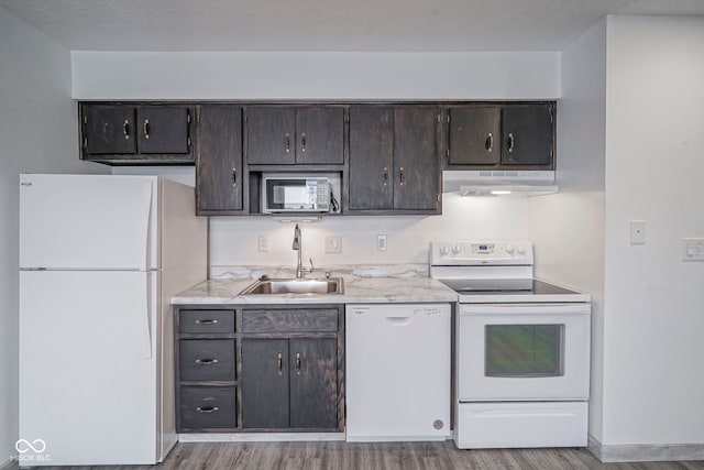 102 Clarendon Dr Unit 506, Noblesville, IN 46062 - kitchen featuring a sink, light countertops, light wood-style floors, under cabinet range hood, and white appliances
