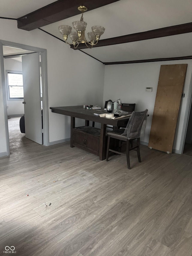 2425 S Lyons Ave, Indianapolis, IN 46241 - dining room with light wood-style floors, baseboards, beam ceiling, and a chandelier