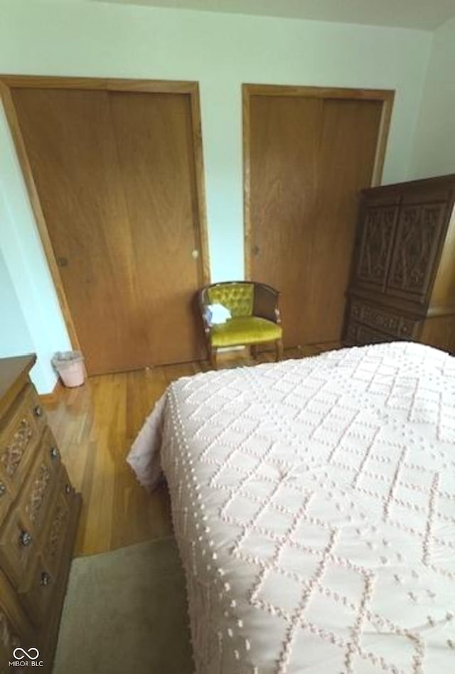 bedroom with wood finished floors and two closets