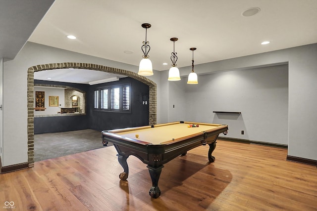 recreation room featuring recessed lighting, baseboards, billiards, and light wood-style floors