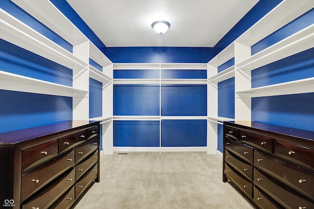 spacious closet featuring light carpet