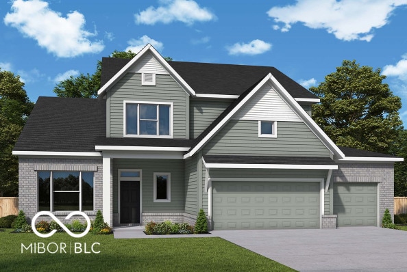 view of front of home with concrete driveway, brick siding, a front lawn, and a garage