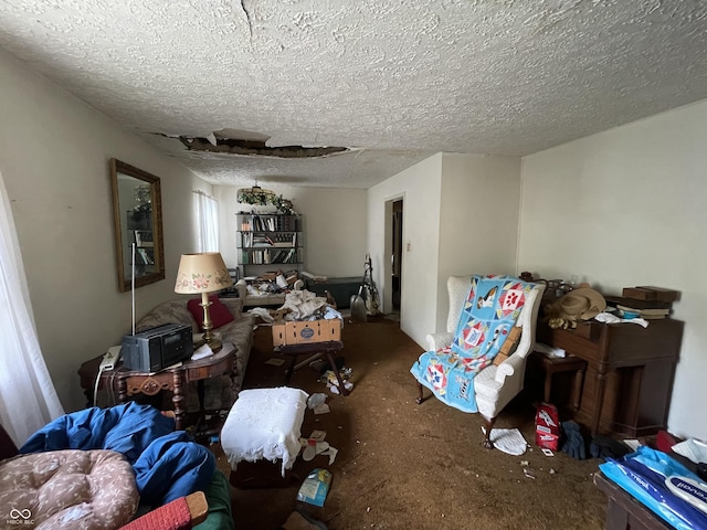 carpeted living room with a textured ceiling