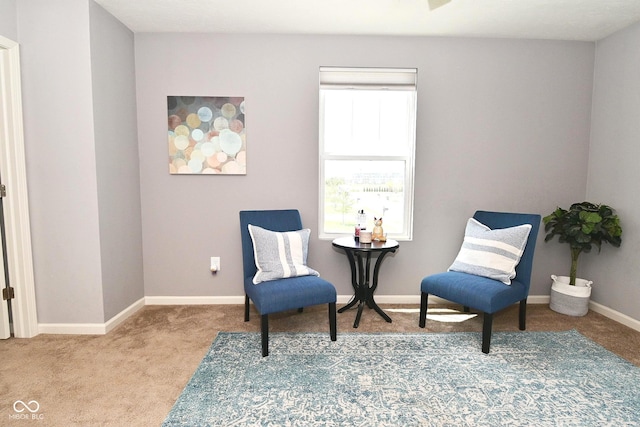 sitting room with baseboards and carpet flooring