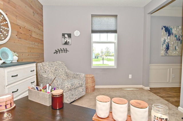 sitting room featuring wood walls and dark wood-type flooring