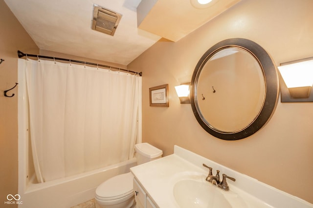 bathroom featuring vanity, shower / bathtub combination with curtain, visible vents, and toilet